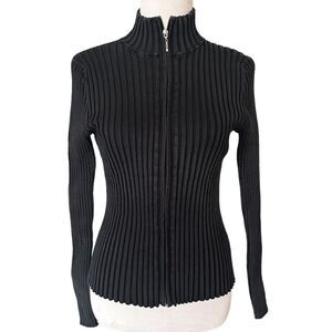 SculptureSilk Black Ridged Texture Full Front Zip Casual Jacket Sweater Shirt